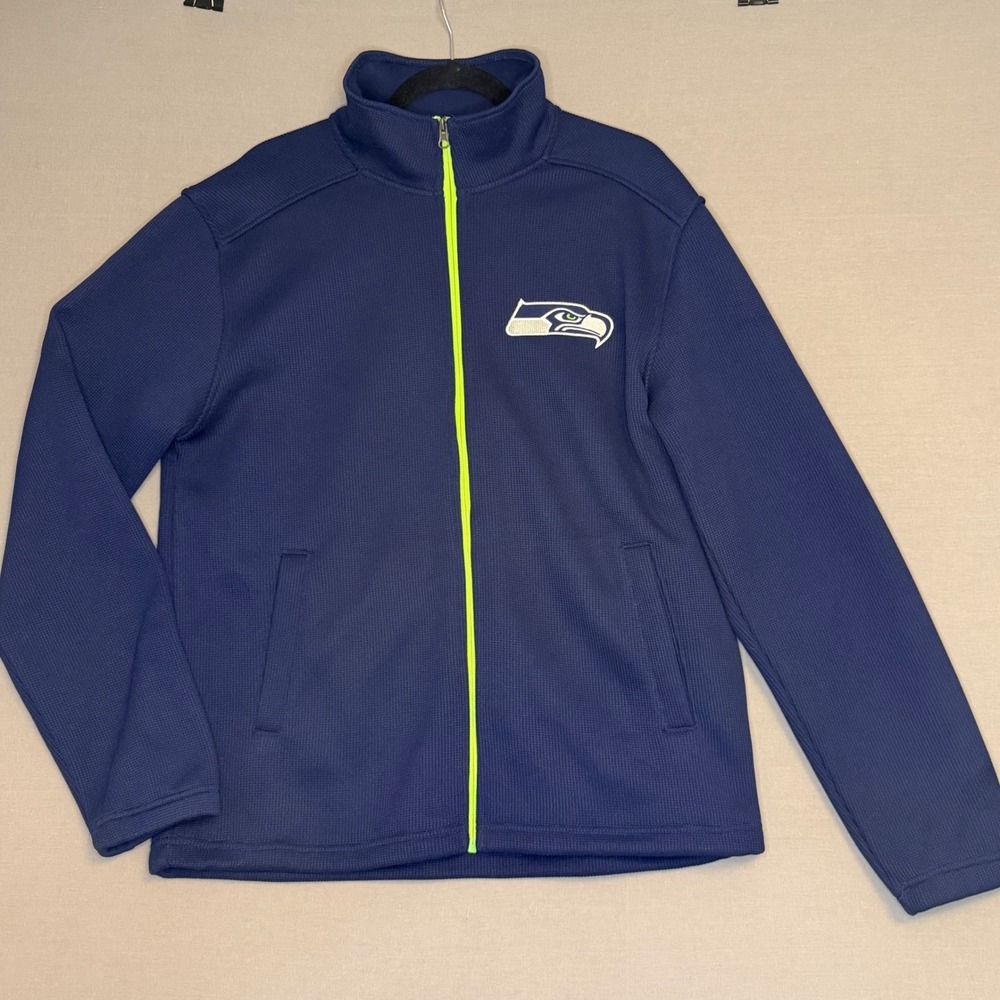 NFL Seattle Seahawks Mens Navy Blue Full Zip Waffle Knit Fleece Jacket Large